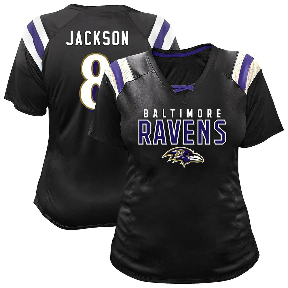 Lamar Jackson Baltimore Ravens Women's Plus Size Name & Number Raglan Lace V-Neck T-Shirt Black