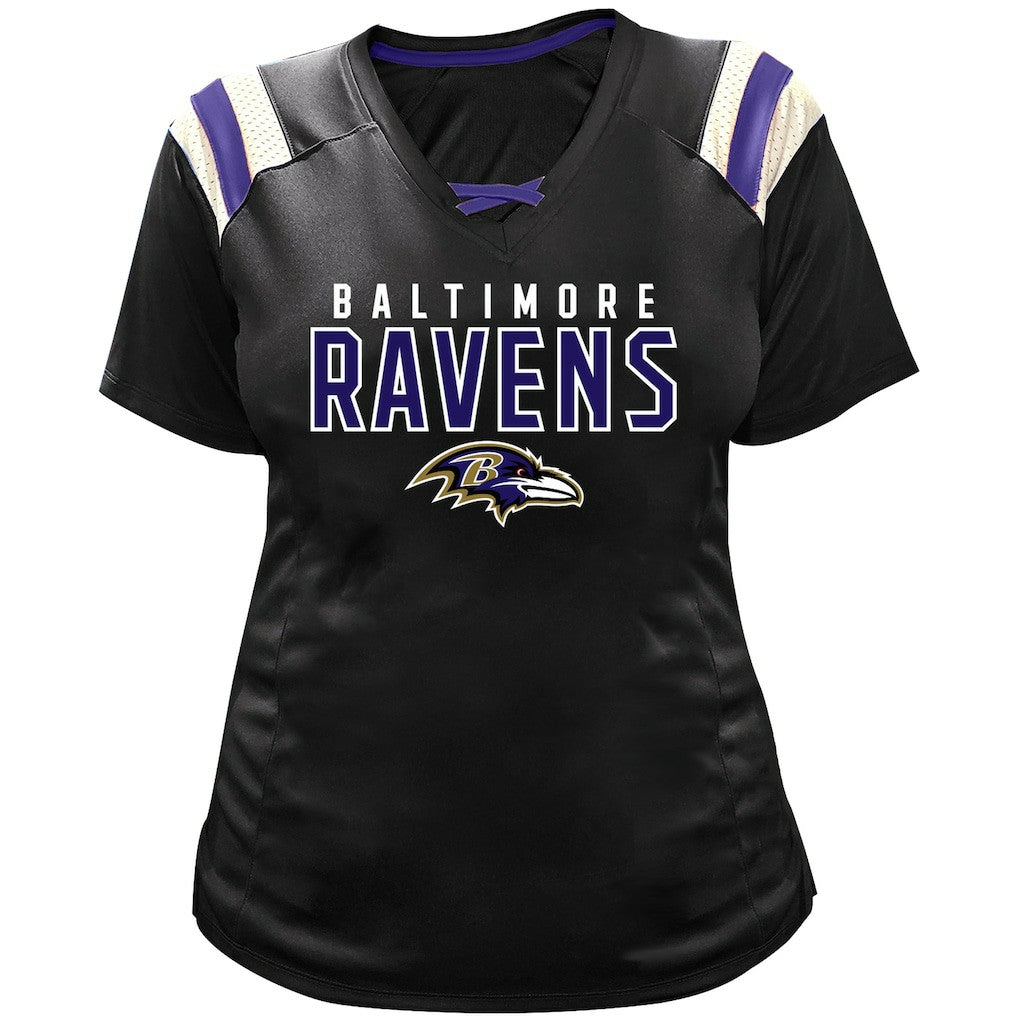 Lamar Jackson Baltimore Ravens Women's Plus Size Name & Number Raglan Lace V-Neck T-Shirt Black