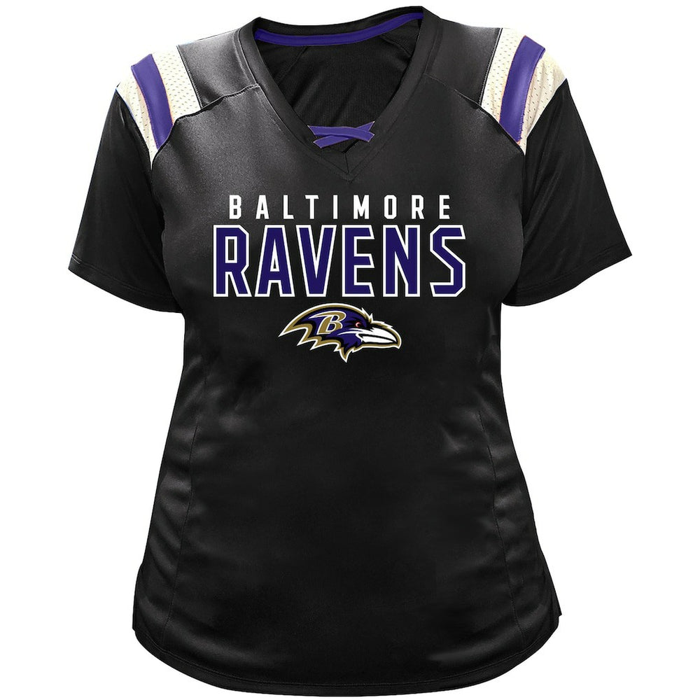 Lamar Jackson Baltimore Ravens Women's Plus Size Name & Number Raglan Lace V-Neck T-Shirt Black