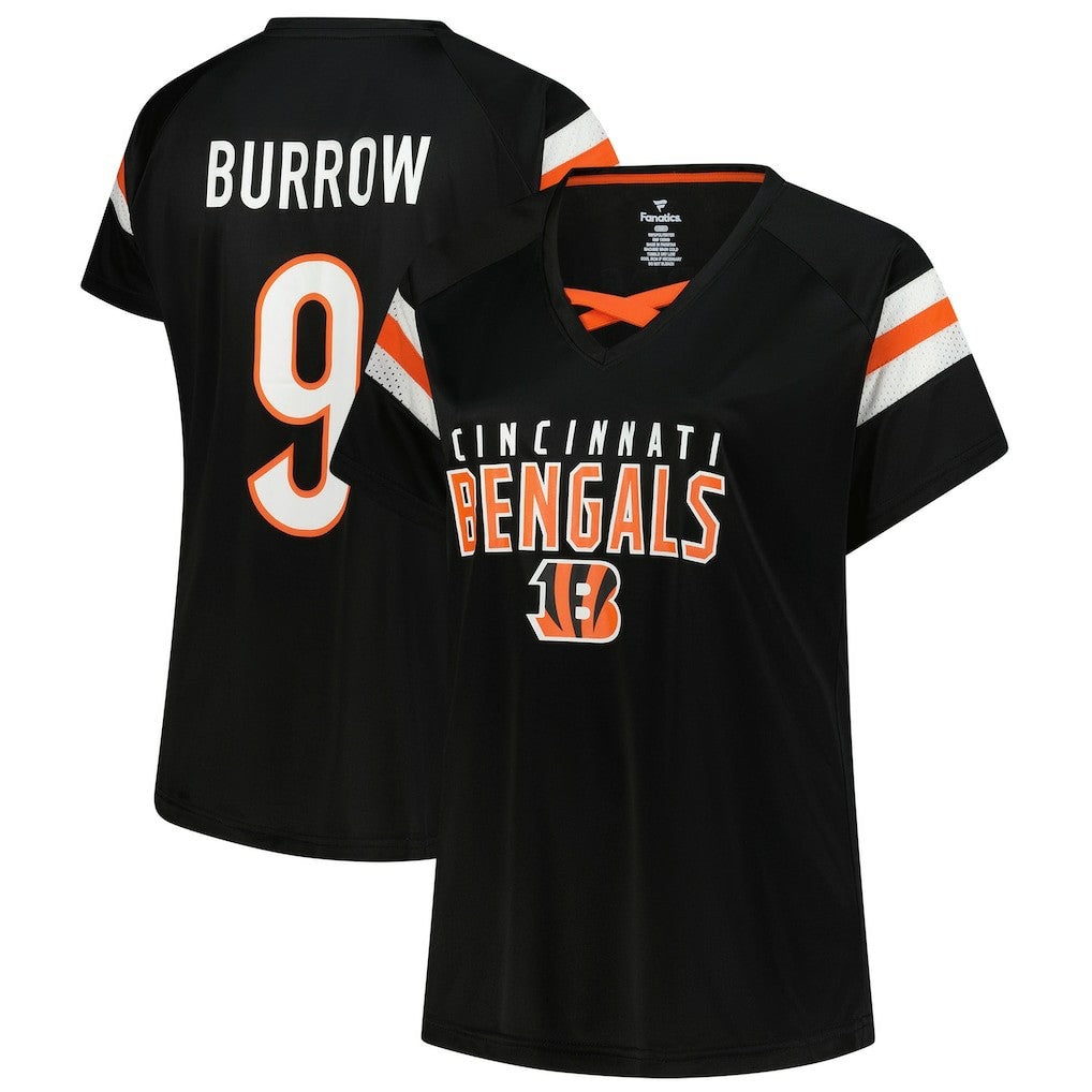 Joe Burrow Cincinnati Bengals Women's Plus Size Name & Number Raglan Lace V-Neck T-Shirt Black
