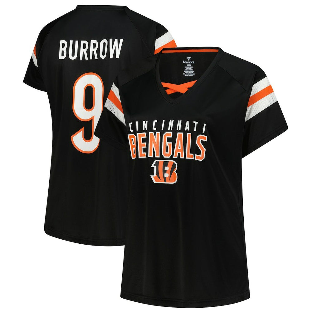Joe Burrow Cincinnati Bengals Women's Plus Size Name & Number Raglan Lace V-Neck T-Shirt Black