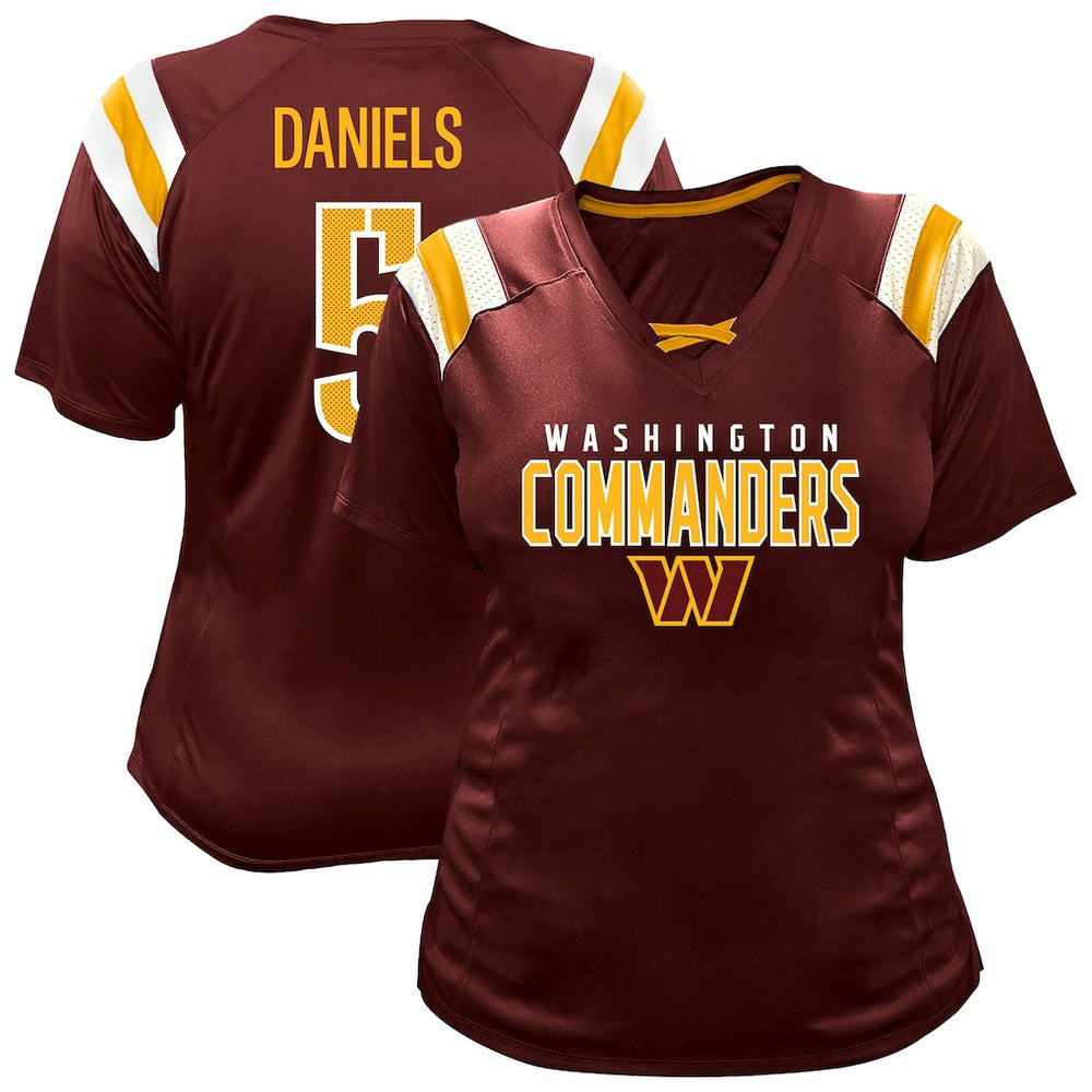 Jayden Daniels Washington Commanders Women's Plus Size Name & Number Raglan Lace V-Neck T-Shirt Burgundy