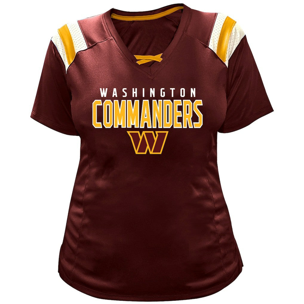 Jayden Daniels Washington Commanders Women's Plus Size Name & Number Raglan Lace V-Neck T-Shirt Burgundy