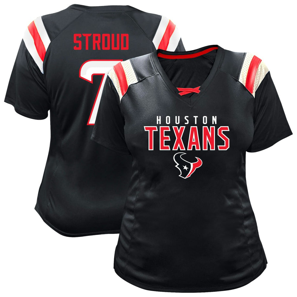 C.J. Stroud Houston Texans Women's Plus Size Name & Number Raglan Lace V-Neck T-Shirt Navy