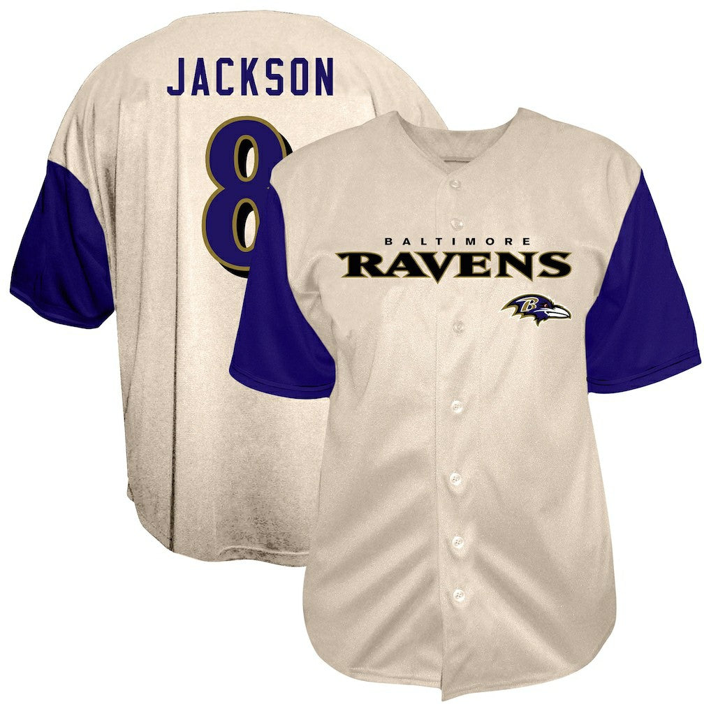 Lamar Jackson Baltimore Ravens Big & Tall Baseball Button-Up Shirt Cream
