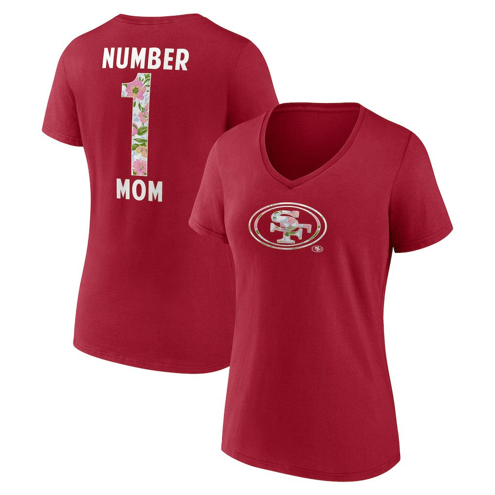 San Francisco 49ers Women's Number 1 Mom Floral V-Neck T-Shirt Scarlet