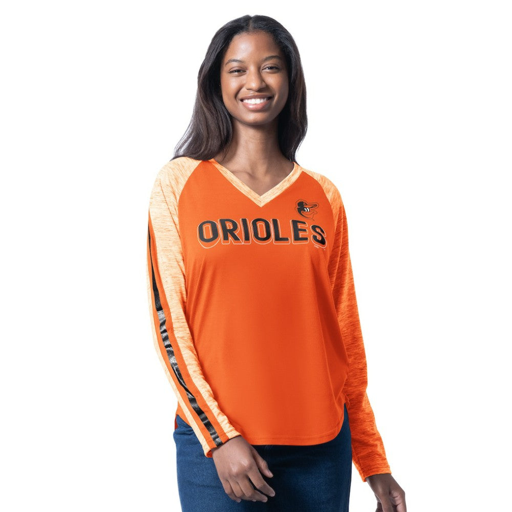 Baltimore Orioles G-III 4Her by Carl Banks Women's Top Dog Raglan Long Sleeve V-Neck T-Shirt - Orange T-shirts