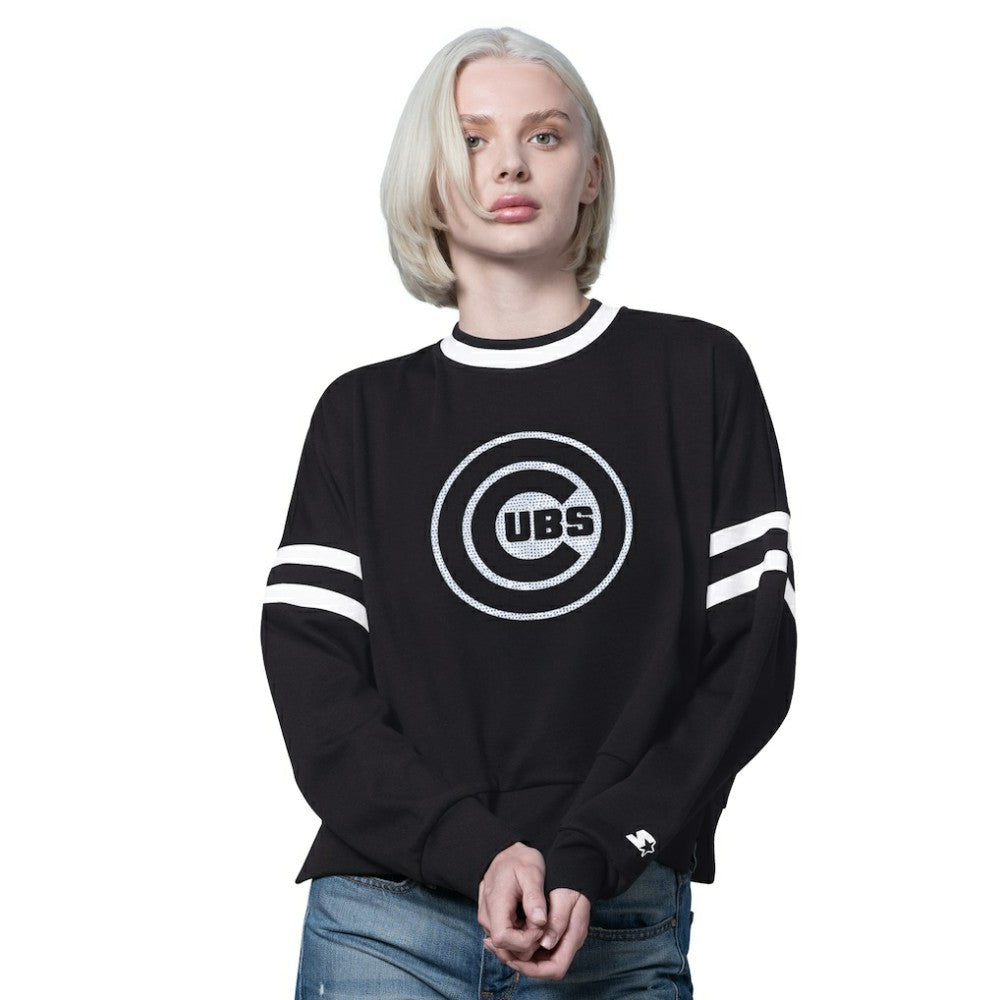 Chicago Cubs Starter Women's Rally Cropped Drop Shoulder Crewneck Sweatshirt - Black Sweatshirts