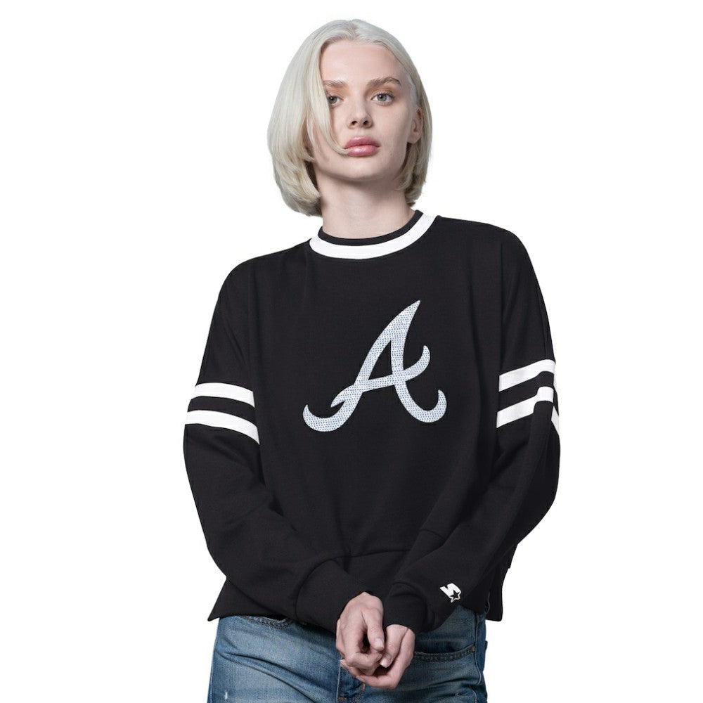 Atlanta Braves Starter Women's Rally Cropped Drop Shoulder Crewneck Sweatshirt - Black Sweatshirts