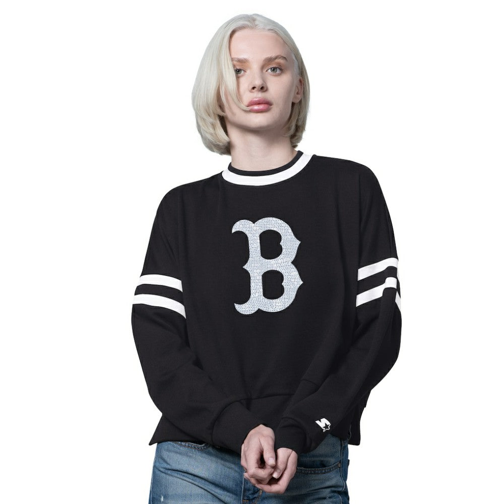 Boston Red Sox Starter Women's Rally Cropped Drop Shoulder Crewneck Sweatshirt - Black Sweatshirts