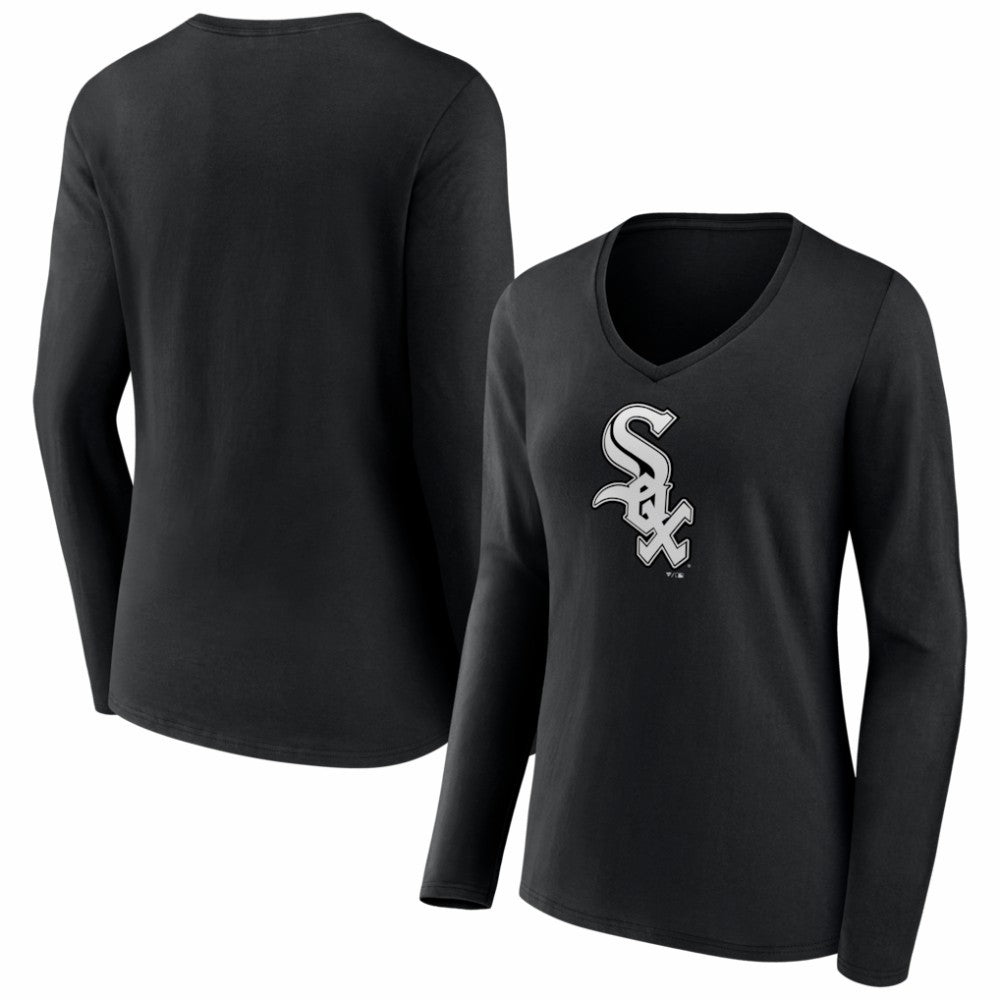 Chicago White Sox Women's Logo Long Sleeve V-Neck T-Shirt - Black T-shirts
