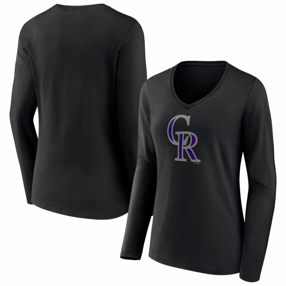Colorado Rockies Women's Logo Long Sleeve V-Neck T-Shirt - Black T-shirts