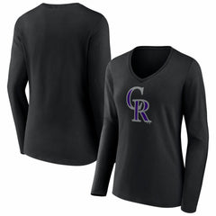 Colorado Rockies Women's Logo Long Sleeve V-Neck T-Shirt - Black T-shirts