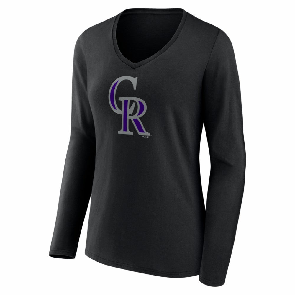 Colorado Rockies Women's Logo Long Sleeve V-Neck T-Shirt - Black T-shirts