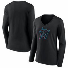 Miami Marlins Women's Logo Long Sleeve V-Neck T-Shirt - Black T-shirts