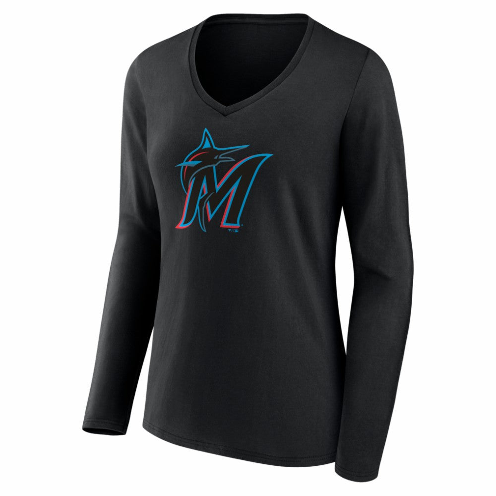 Miami Marlins Women's Logo Long Sleeve V-Neck T-Shirt - Black T-shirts