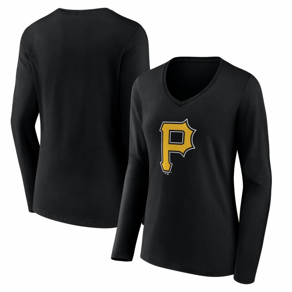 Pittsburgh Pirates Women's Logo Long Sleeve V-Neck T-Shirt - Black T-shirts