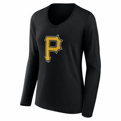 Pittsburgh Pirates Women's Logo Long Sleeve V-Neck T-Shirt - Black T-shirts