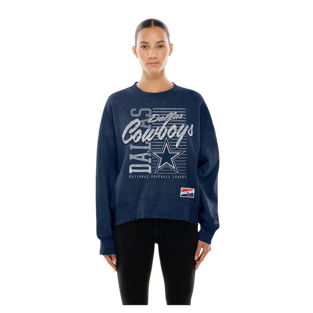 Dallas Cowboys New Era Women's Oversized Throwback Mineral Wash Crew Neck Sweatshirt Navy