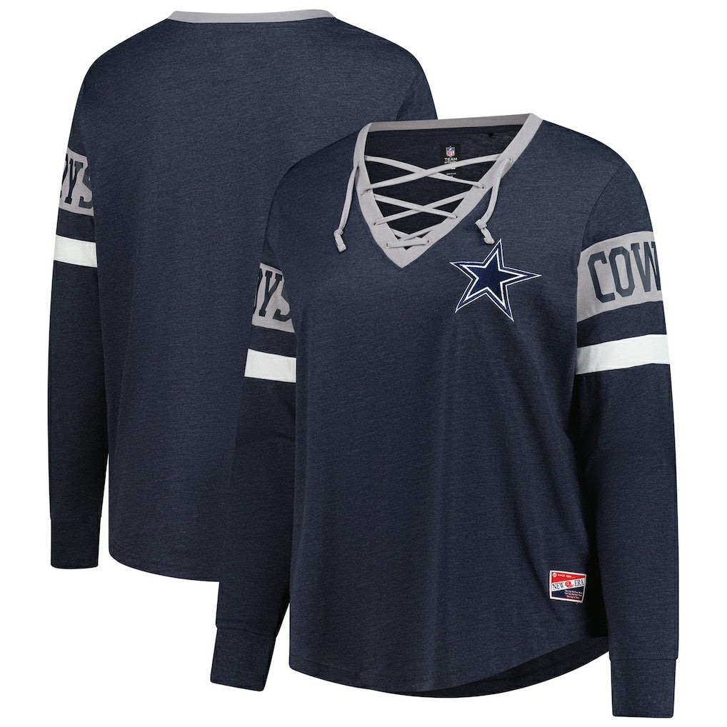 Dallas Cowboys New Era Women's Plus Size Throwback Lace-Up Long Sleeve T-Shirt Navy