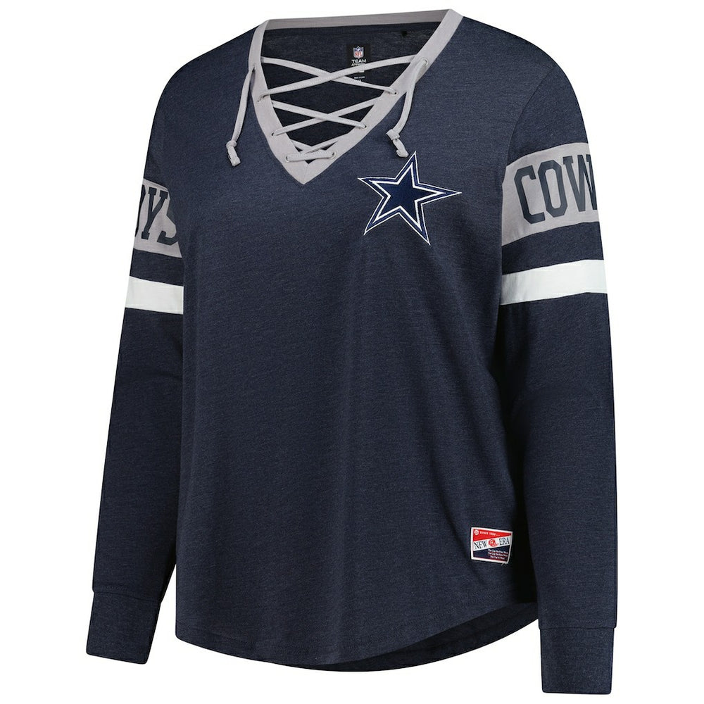 Dallas Cowboys New Era Women's Plus Size Throwback Lace-Up Long Sleeve T-Shirt Navy