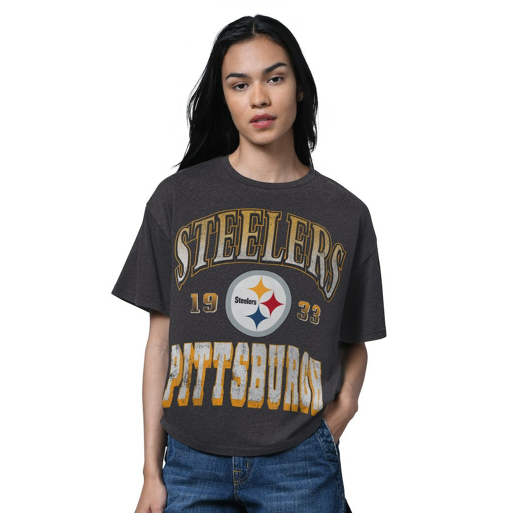 Pittsburgh Steelers Starter Women's Oversized Hall of Fame T-Shirt Heather Black