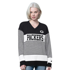 Green Bay Packers Starter Women's No Huddle Striped V-Neck Sweater Black