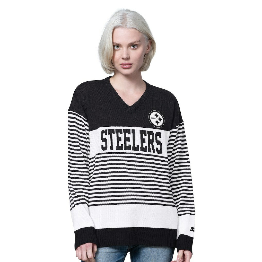 Pittsburgh Steelers Starter Women's No Huddle Striped V-Neck Sweater Black