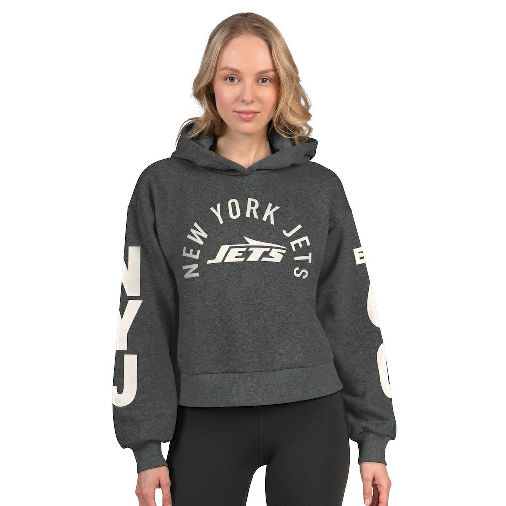 New York Jets Starter Women's Star Player Cropped Fleece Pullover Hoodie Heather Charcoal