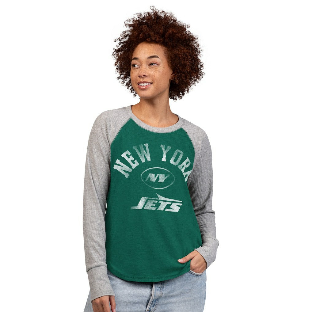 New York Jets G-III 4Her by Carl Banks Women's Waffle Knit Raglan Long-Sleeve T-Shirt Green/Heather Gray