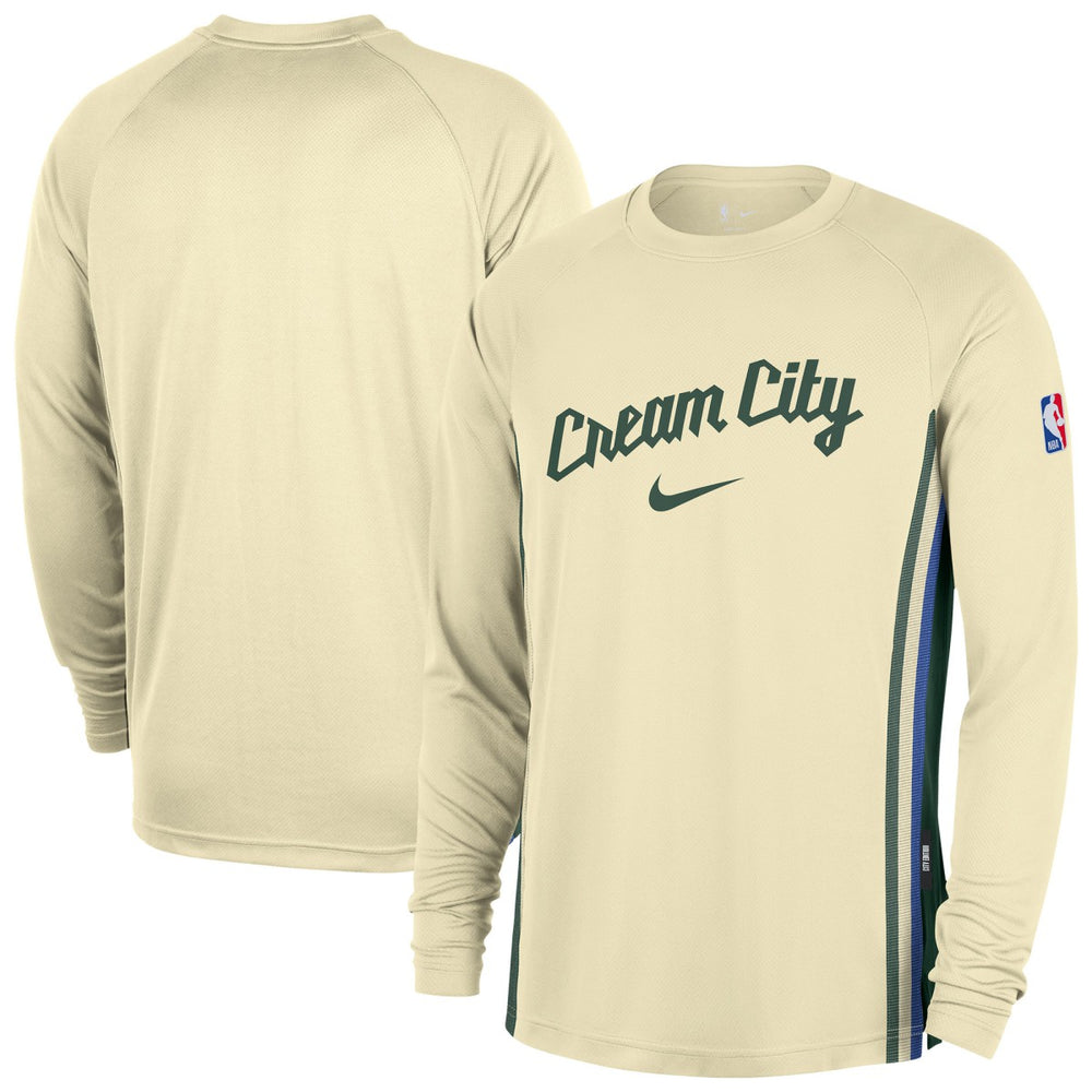 Milwaukee Bucks 2025/26 City Edition Authentic Pregame Dri-FIT Long Sleeve Shooting T-Shirt Cream