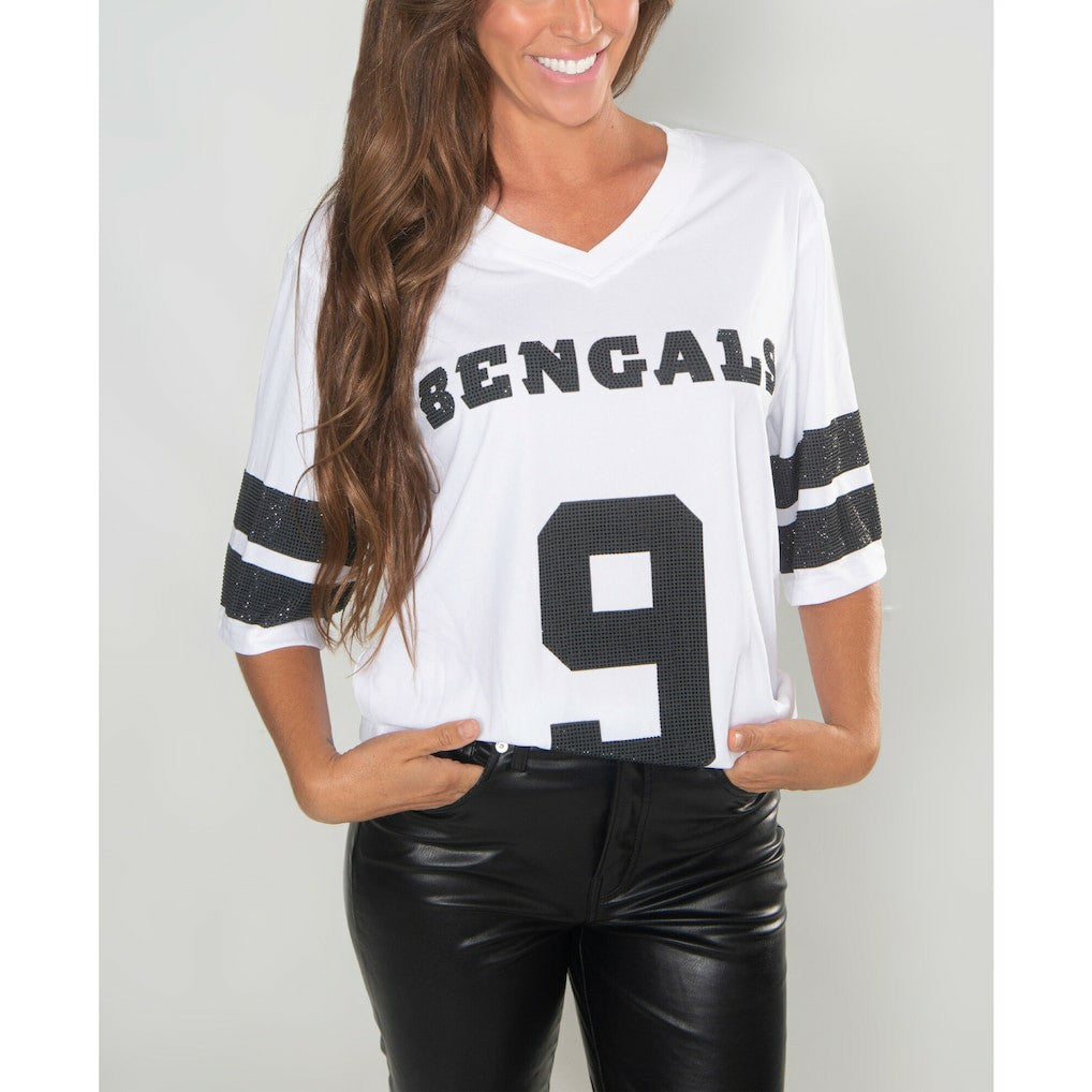 Joe Burrow Cincinnati Bengals Cuce Women's Crystal V-Neck Tunic White