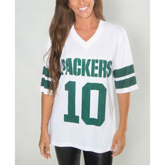 Jordan Love Green Bay Packers Cuce Women's Crystal V-Neck Tunic White