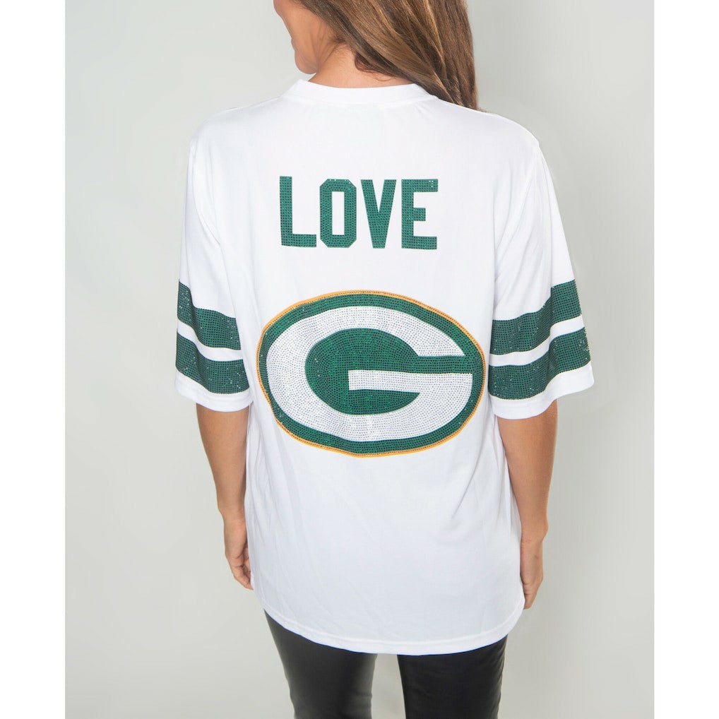 Jordan Love Green Bay Packers Cuce Women's Crystal V-Neck Tunic White