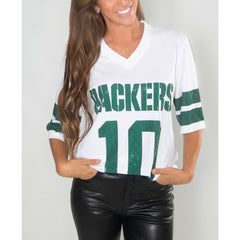 Jordan Love Green Bay Packers Cuce Women's Crystal V-Neck Tunic White