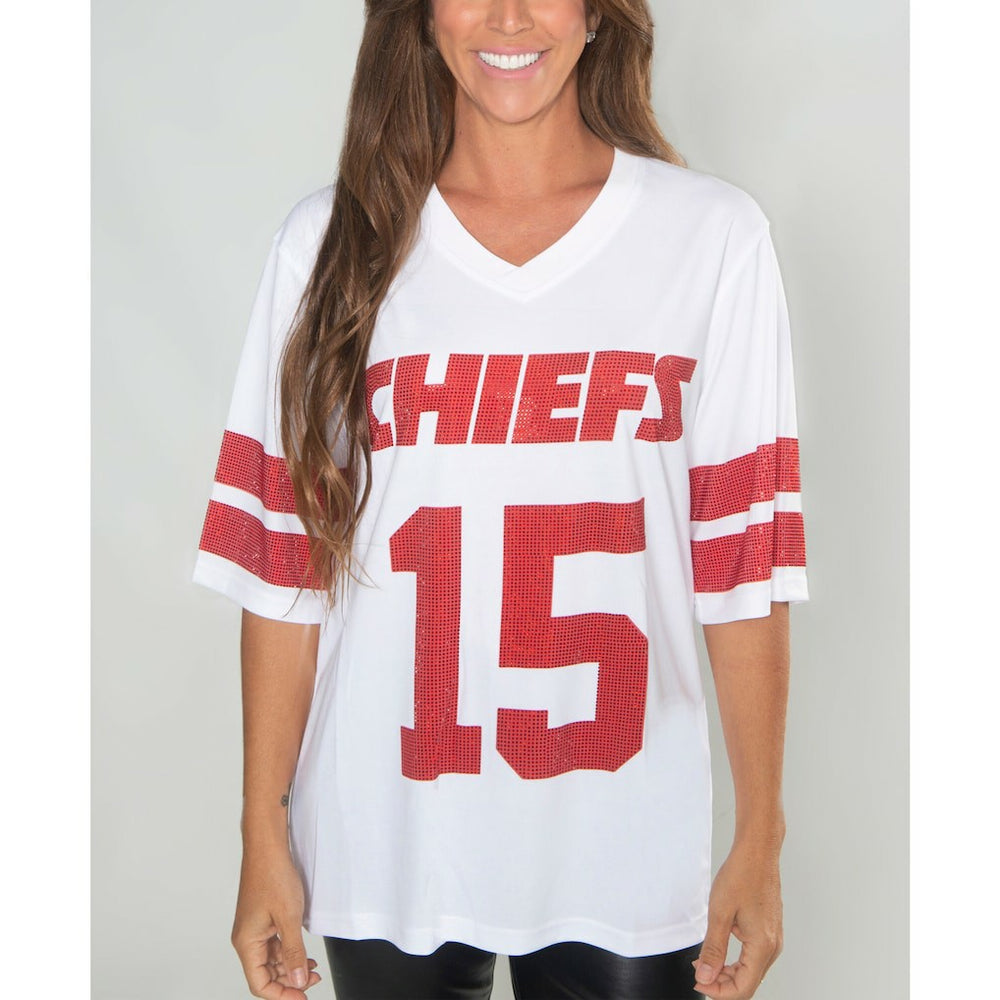 Kansas City Chiefs Cuce Women's Crystal V-Neck Tunic White