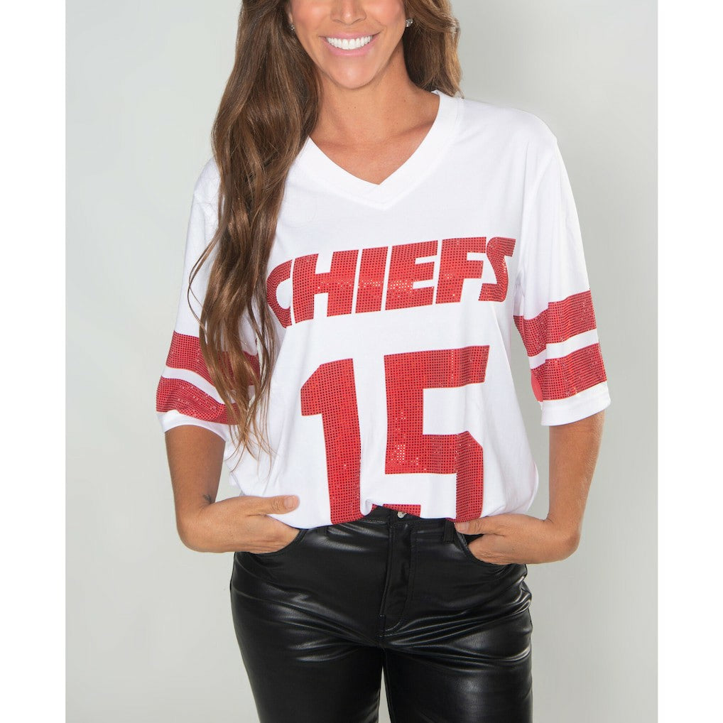 Kansas City Chiefs Cuce Women's Crystal V-Neck Tunic White