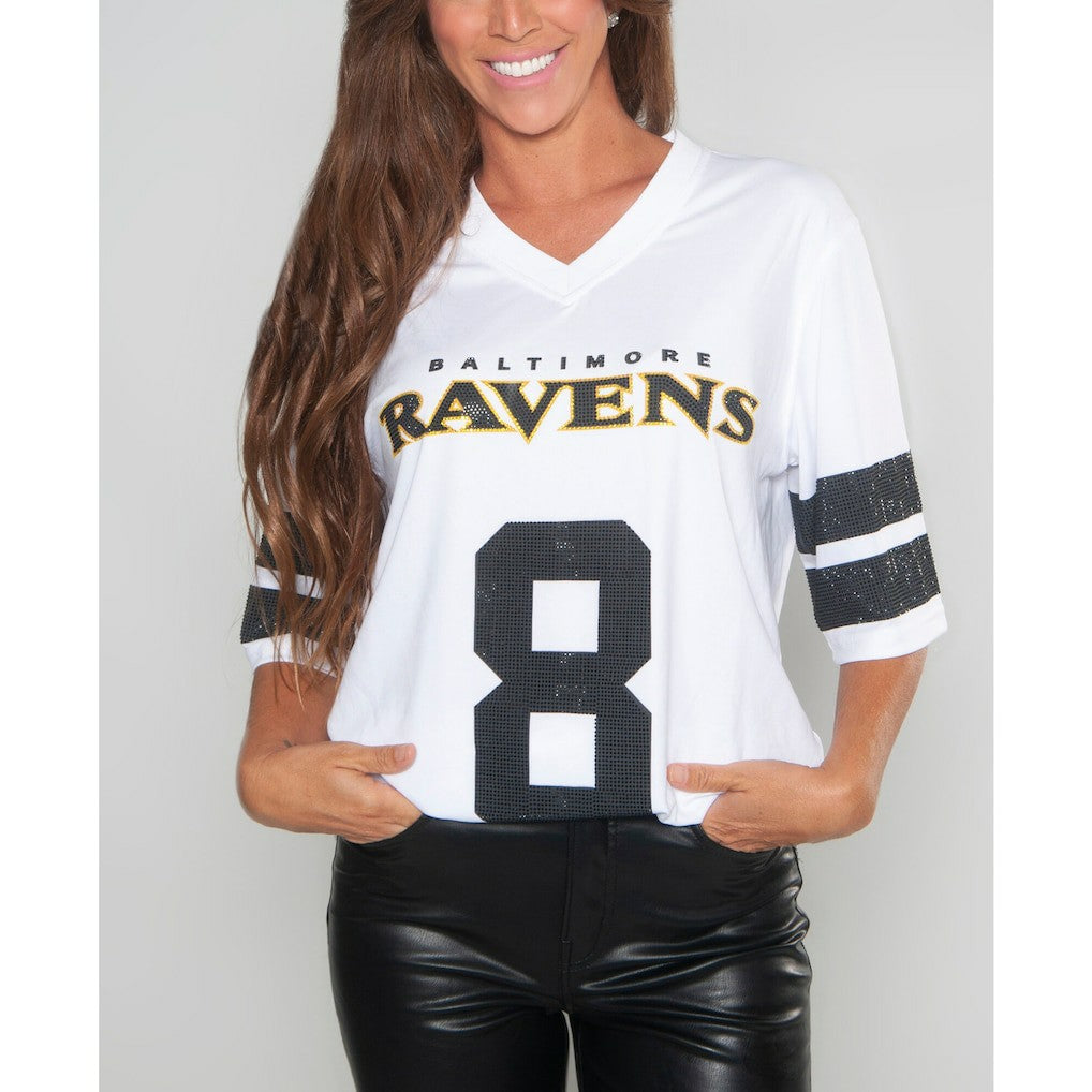 Lamar Jackson Baltimore Ravens Cuce Women's Crystal V-Neck Tunic White