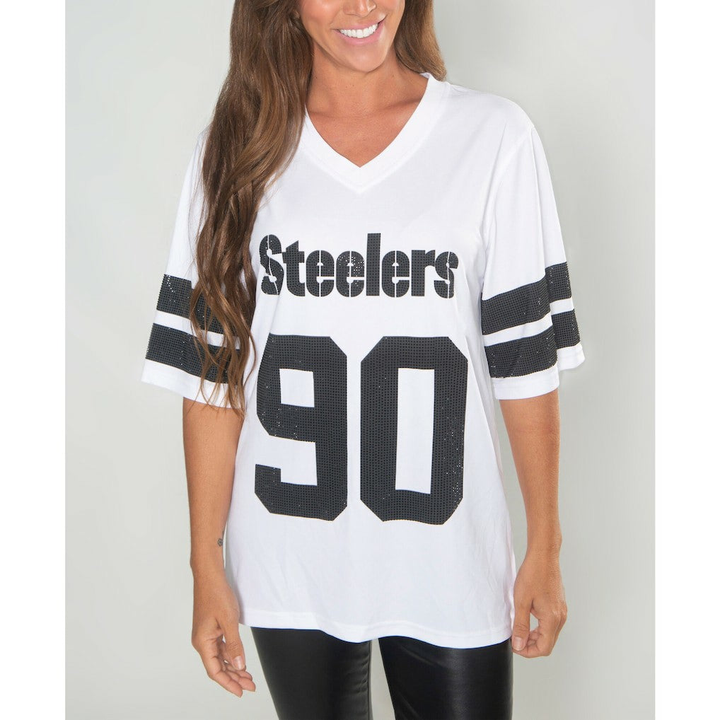T.J. Watt Pittsburgh Steelers Cuce Women's Crystal V-Neck Tunic White