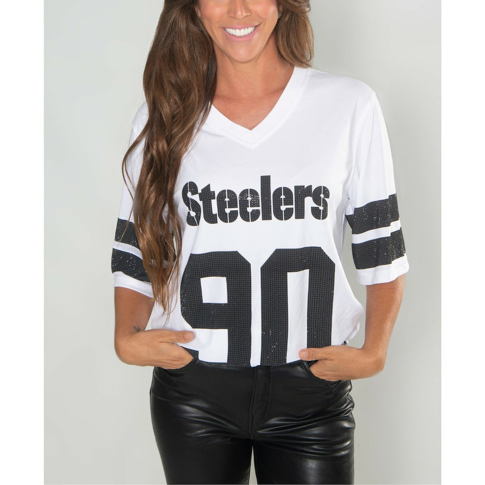 T.J. Watt Pittsburgh Steelers Cuce Women's Crystal V-Neck Tunic White