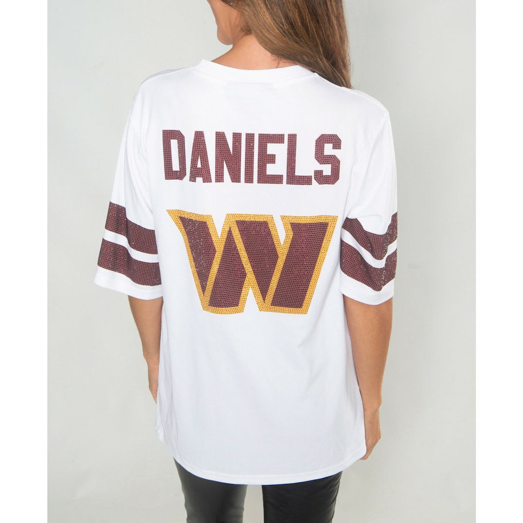 Jayden Daniels Washington Commanders Cuce Women's Crystal V-Neck Tunic White