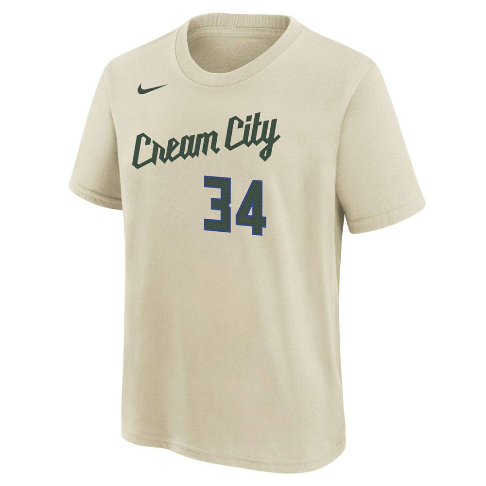 Giannis Antetokounmpo Milwaukee Bucks Youth 2025/26 City Edition Name & Number T-Shirt Cream