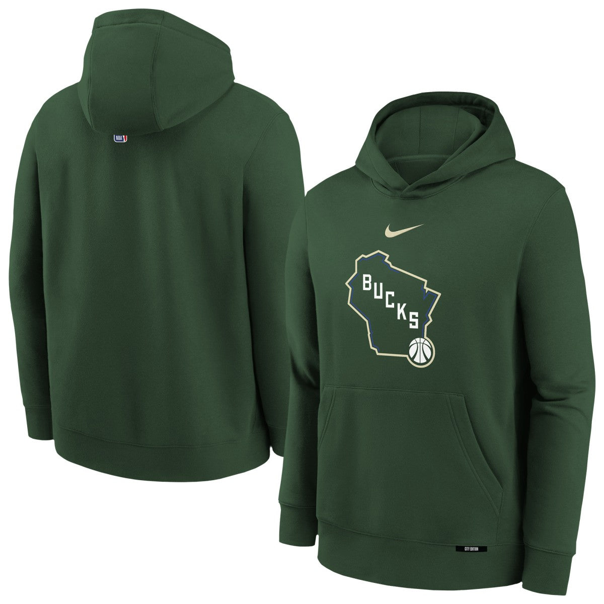 Milwaukee Bucks Youth 2025/26 City Edition Club Fleece Pullover Hoodie Hunter Green