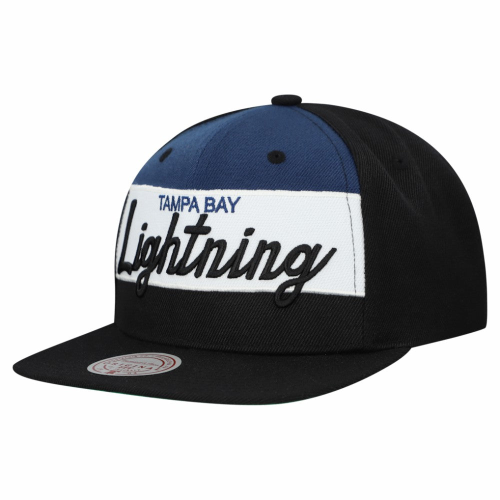 NHL Tampa Bay Lightning Mitchell & Ness Retro Script Colorblock Snapback Hat - Black