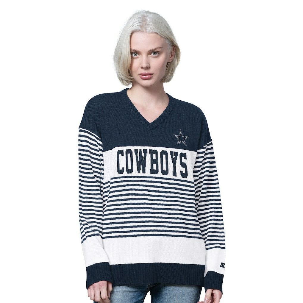 Dallas Cowboys Starter Women's No Huddle Striped V-Neck Sweater Navy