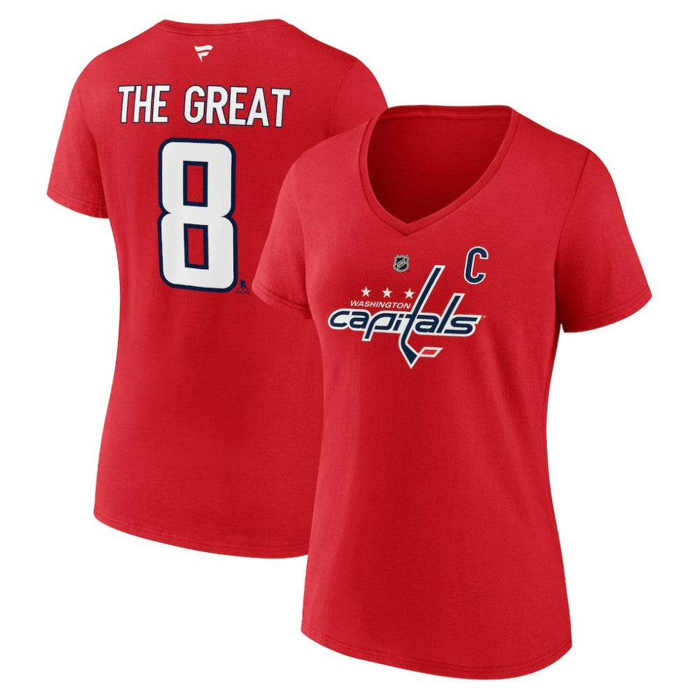 NHL Alexander Ovechkin Washington Capitals Fanatics Women's NHL All-Time Leading Goal Scorer The Great 8 Name & Number V-Neck T-Shirt - Red