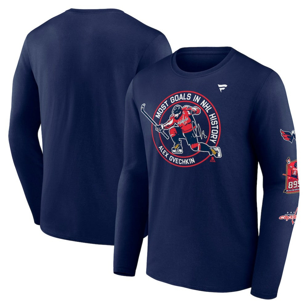 NHL Alexander Ovechkin Washington Capitals Fanatics NHL All-Time Leading Goal Scorer Badges Long Sleeve T-Shirt - Athletic Navy