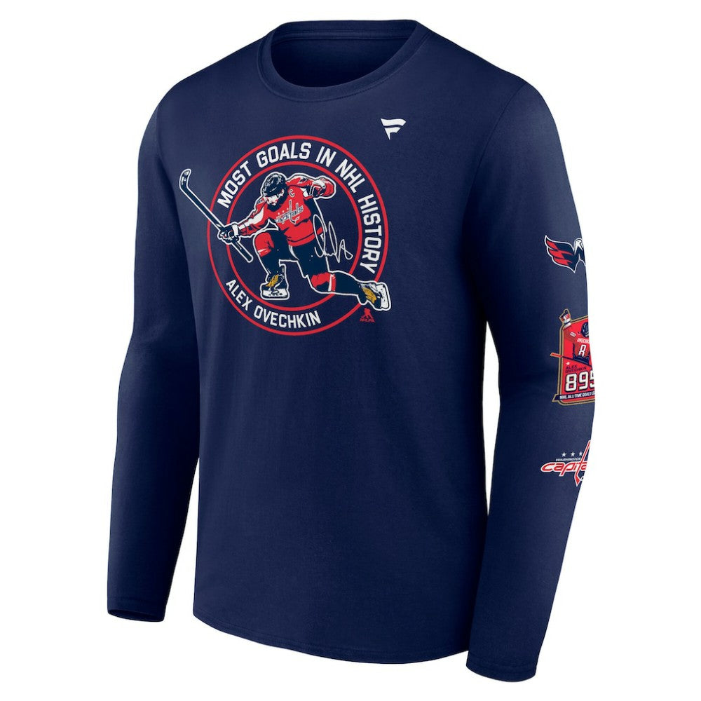 NHL Alexander Ovechkin Washington Capitals Fanatics NHL All-Time Leading Goal Scorer Badges Long Sleeve T-Shirt - Athletic Navy