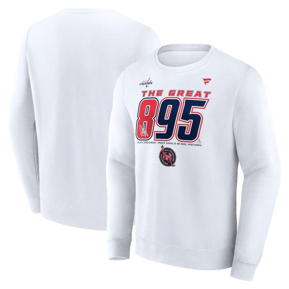 NHL Alexander Ovechkin Washington Capitals Fanatics NHL All-Time Leading Goal Scorer The Great 895 Fleece Pullover Sweatshirt - White