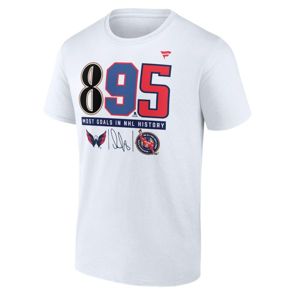 NHL Alexander Ovechkin Washington Capitals Fanatics NHL All-Time Leading Goal Scorer The History of 895 T-Shirt - White